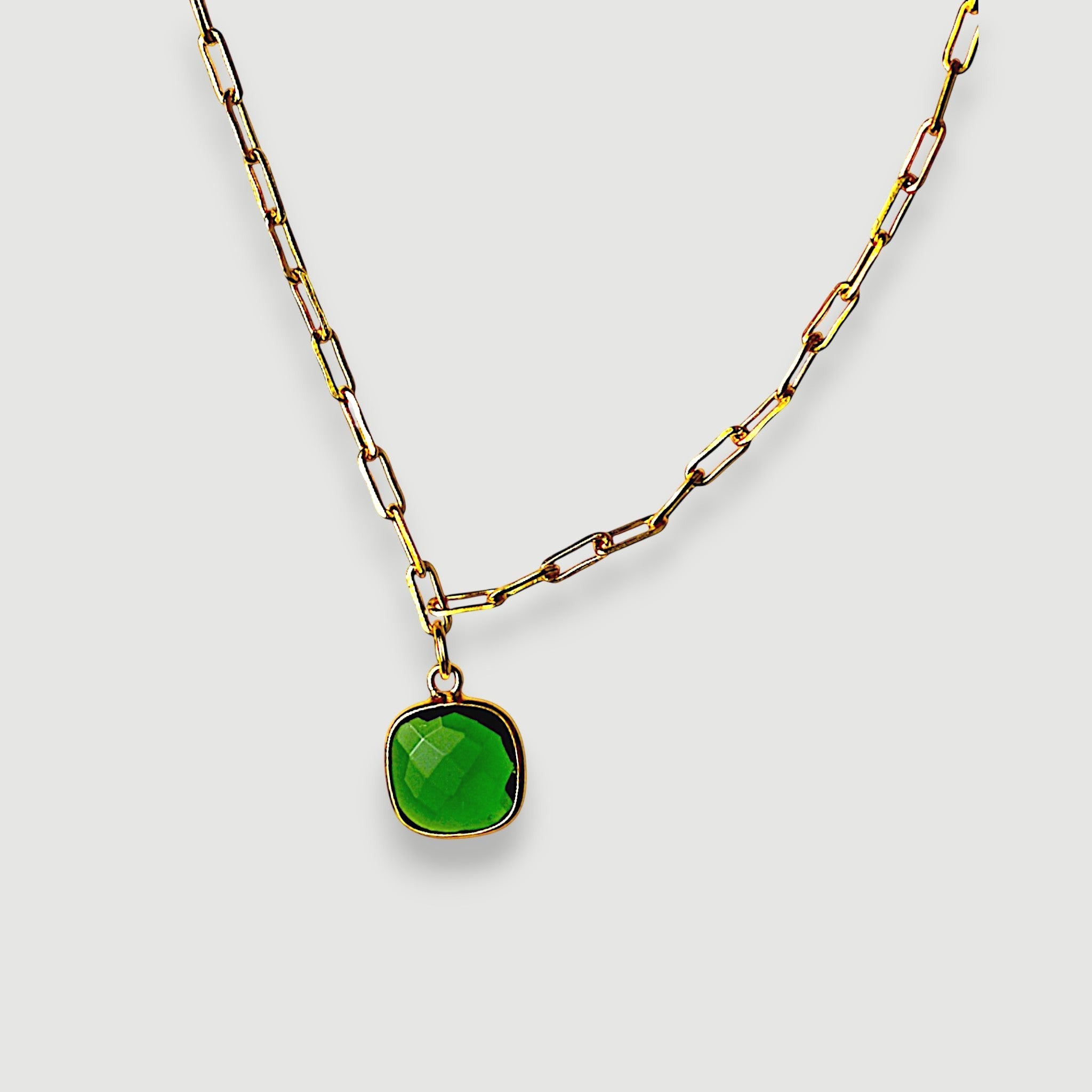 Amara Jewels green faceted cushion-cut green onyx gemstone pendant necklace on a gold paperclip chain.