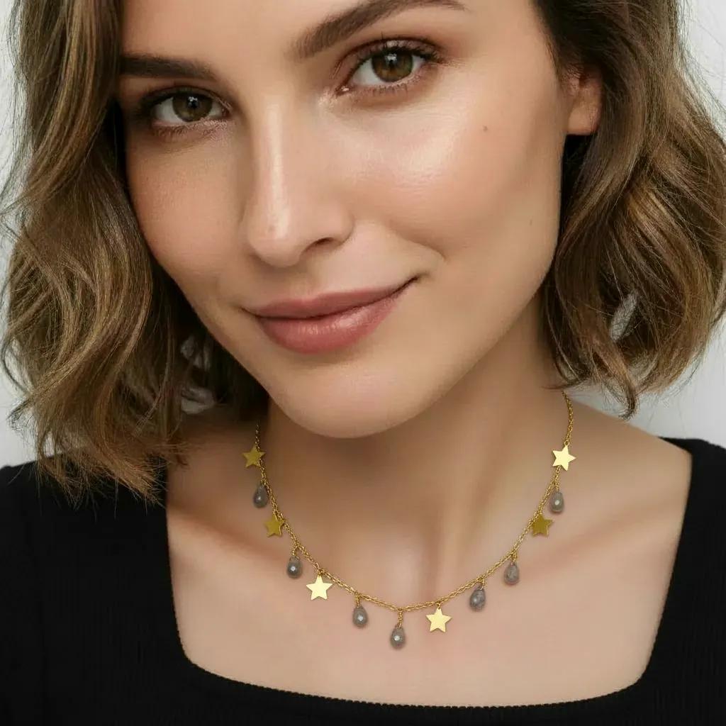 Amara Jewels gold-vermeil sterling silver necklace with labradorite teardrop charms and gold stars.
