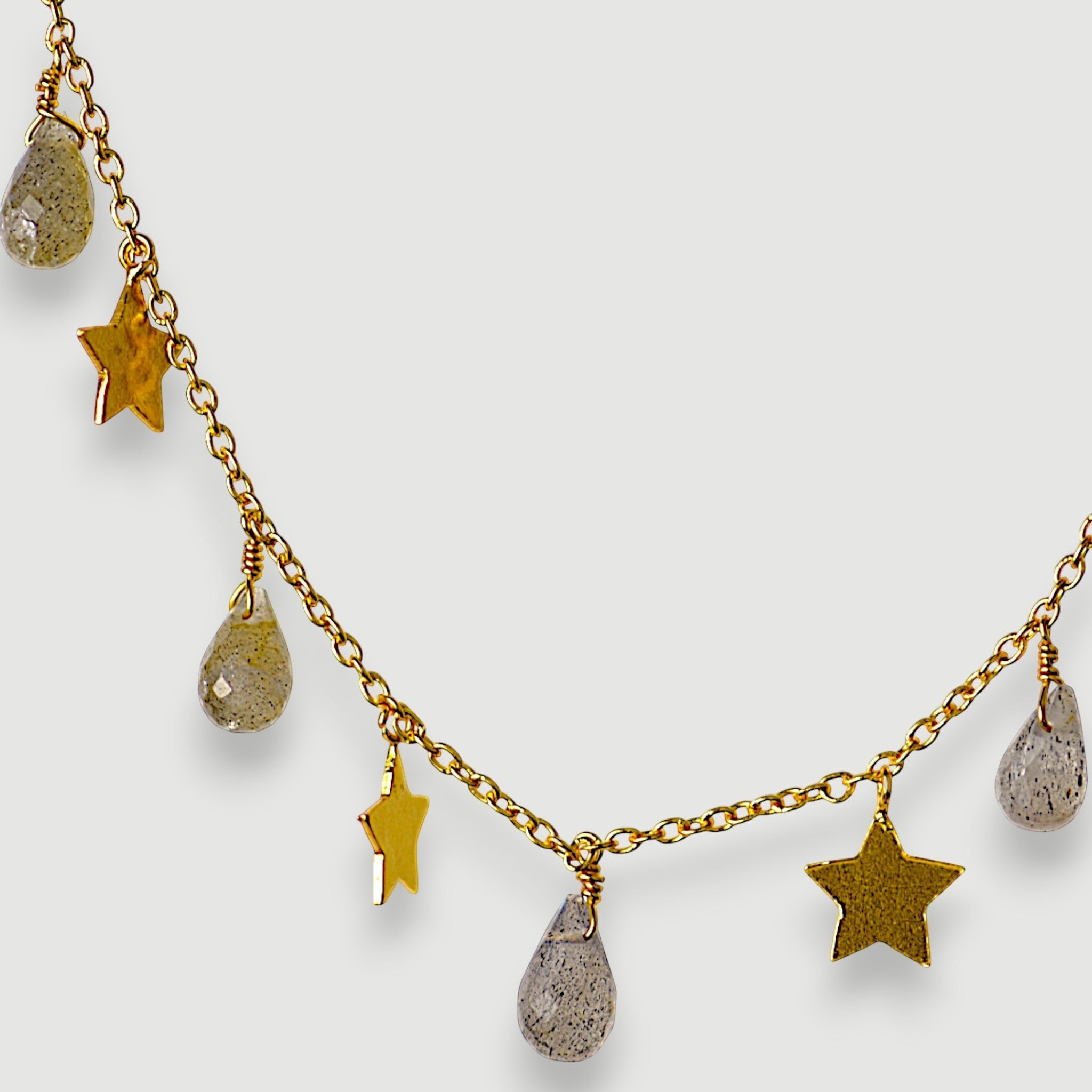 Amara Jewels gold-vermeil sterling silver necklace with labradorite teardrop charms and gold stars.