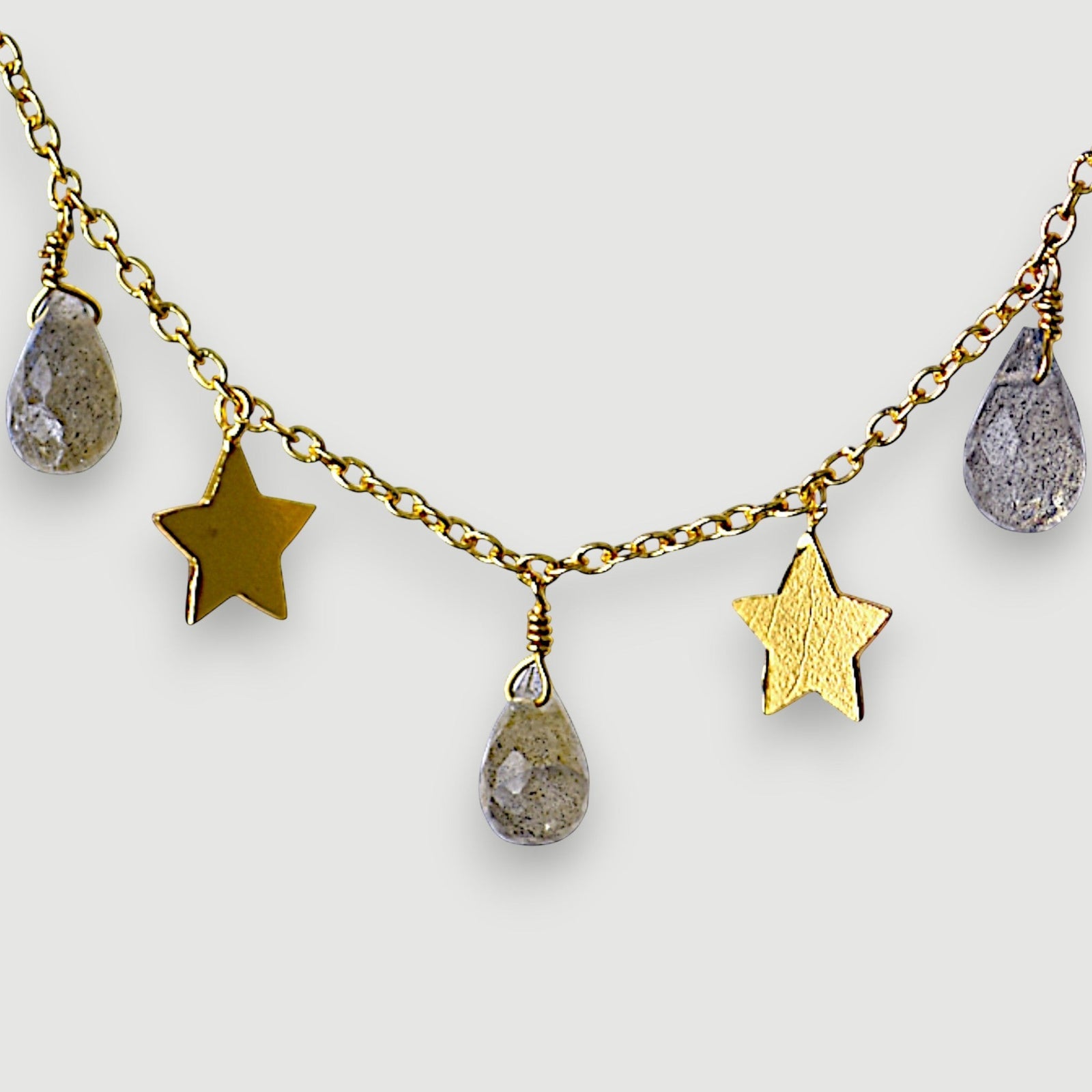 Amara Jewels gold-vermeil sterling silver necklace with labradorite teardrop charms and gold stars.