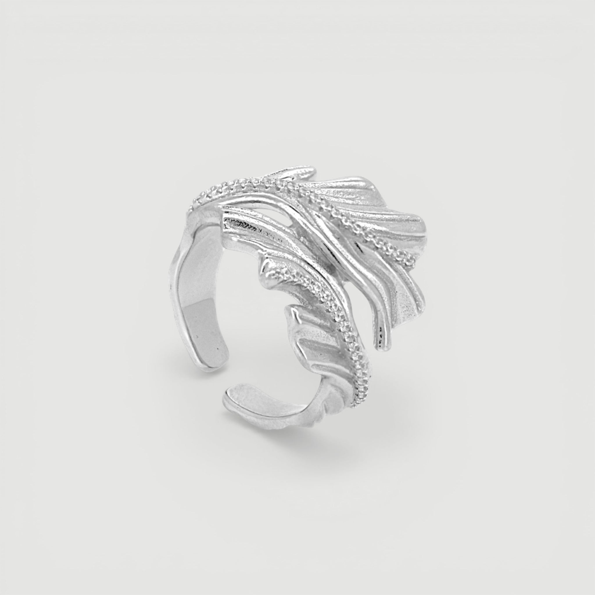 Amara Jewels sterling silver open ring with leaf design and sparkling accent stones.