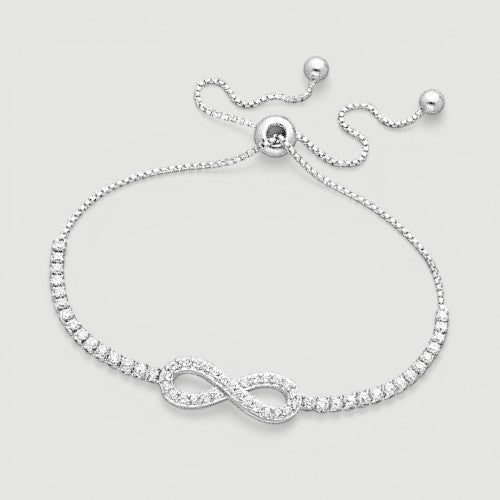 Amara Jewels sterling silver bracelet with infinity symbol and shimmering stones, adjustable slider clasp.