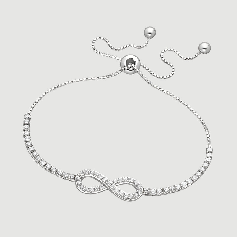 Amara Jewels sterling silver bracelet with infinity symbol and shimmering stones, adjustable slider clasp.