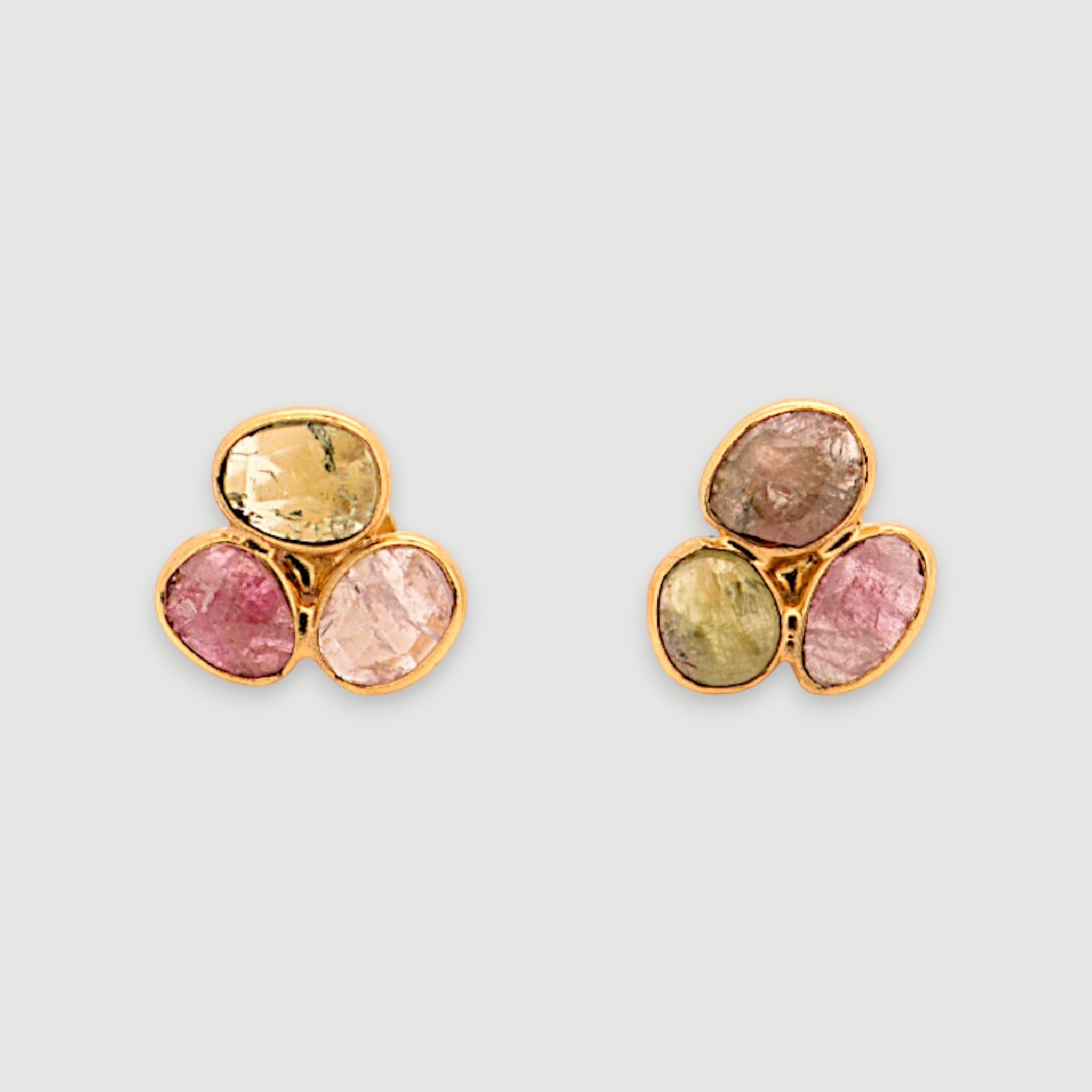 Amara Jewels natural multi-color tourmaline stud earrings in 18K gold vermeil over sterling silver. Features pink, green, and brown hues.