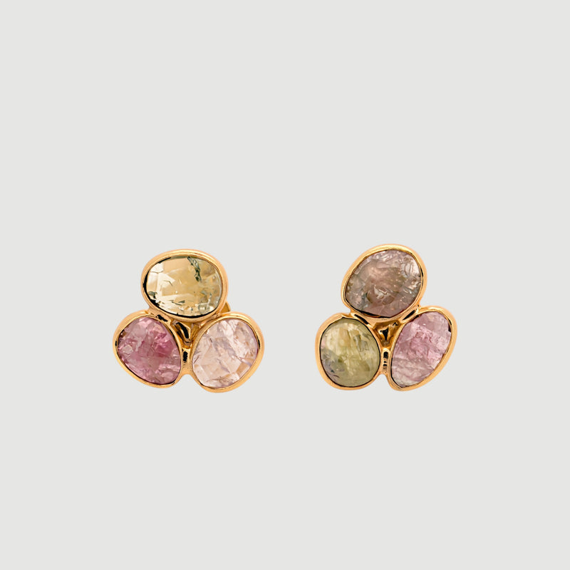 Amara Jewels natural multi-color tourmaline stud earrings in 18K gold vermeil over sterling silver. Features pink, green, and brown hues.