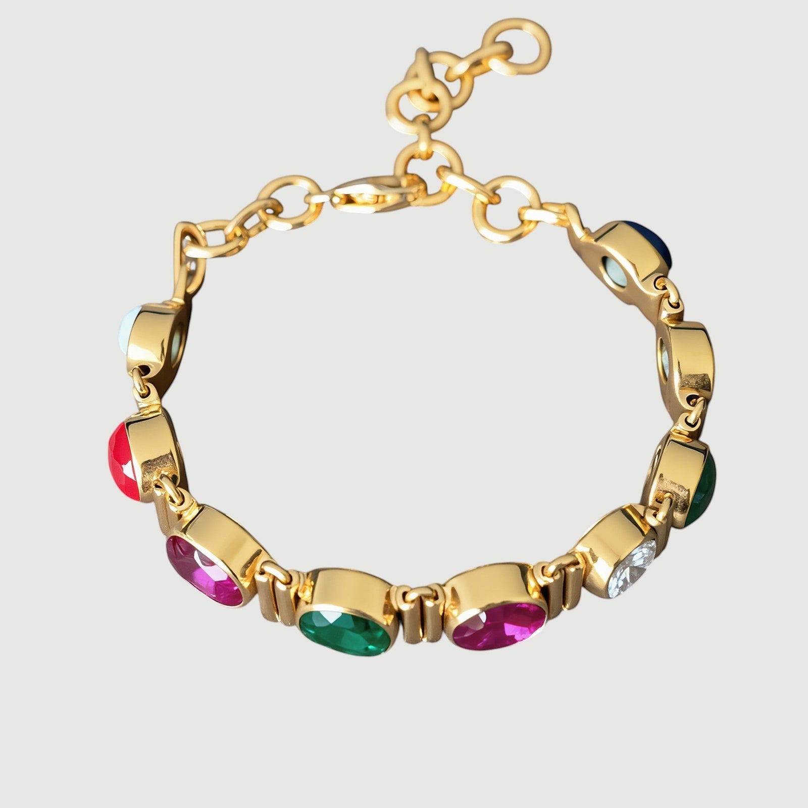 Amara Jewels Multi-Gemstone Bracelet with ruby, garnet, sapphire, citrine, peridot, and clear stones in 18K gold vermeil.