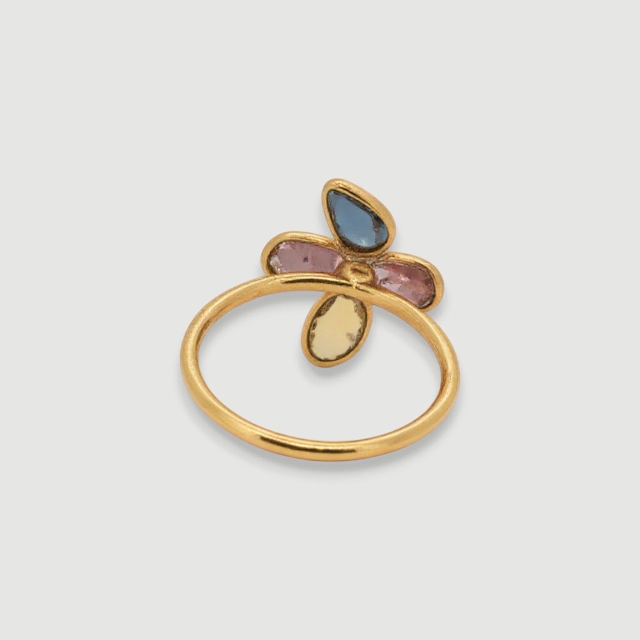 Amara Jewels 18K gold plated sterling silver ring with amethyst and two purple tourmalines.