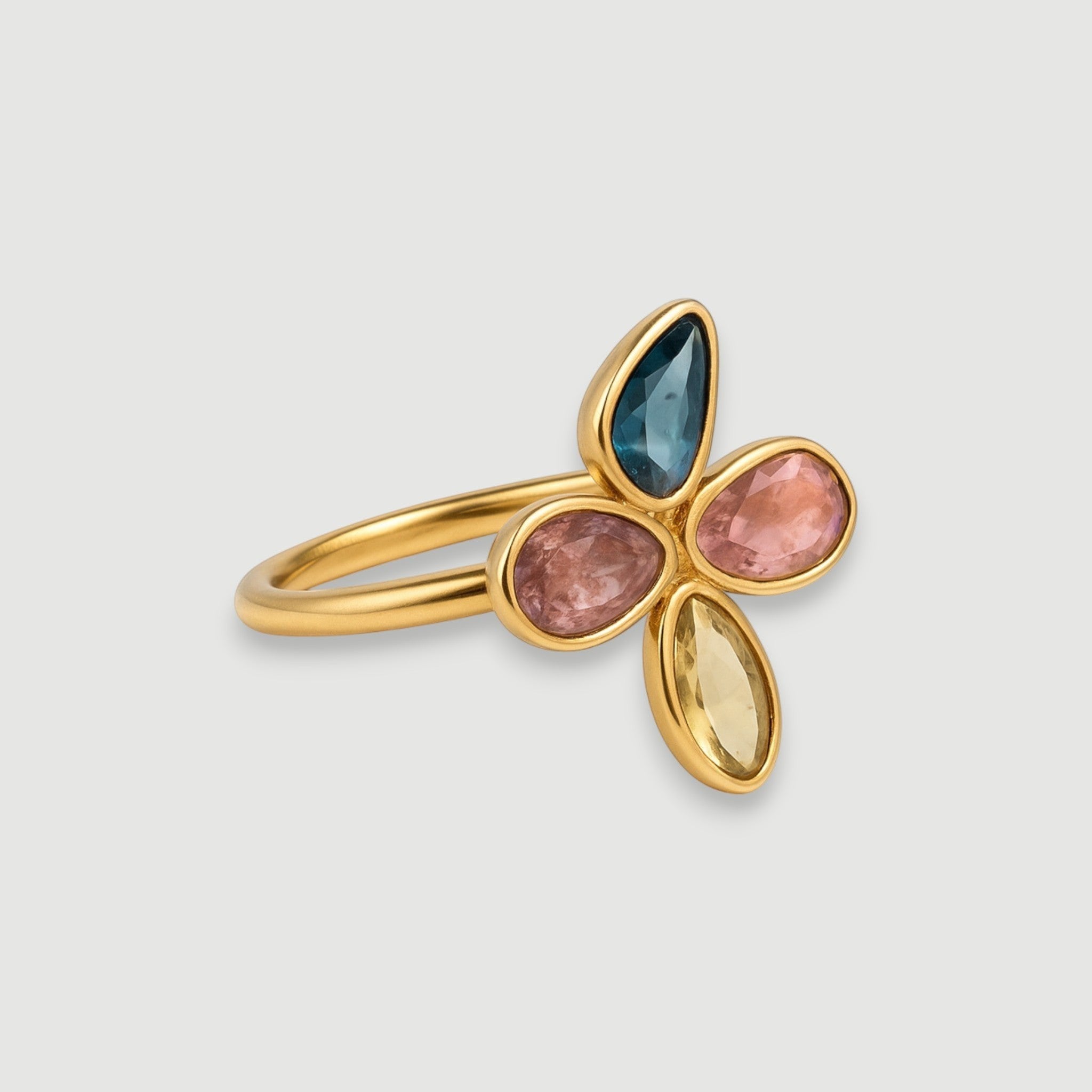 Amara Jewels 18K gold plated sterling silver ring with amethyst and two purple tourmalines.