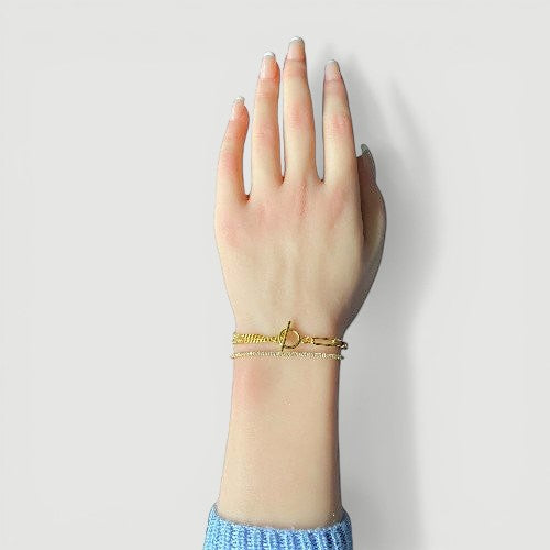 Amara Jewels layered rhinestone gold chain bracelet with toggle clasp featuring circle T charm.