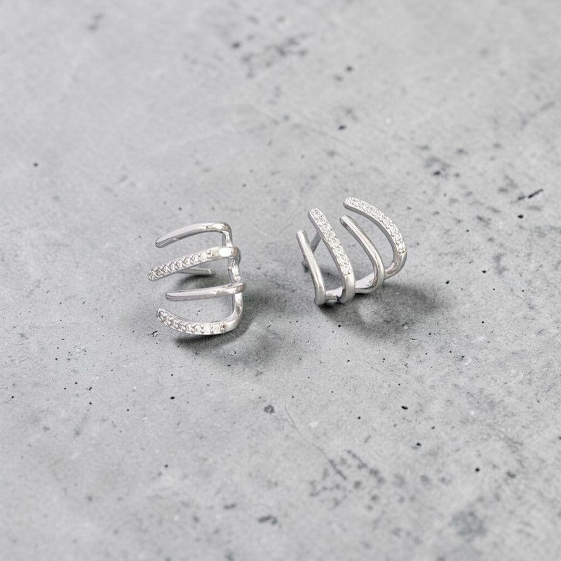 Amara Jewels sterling silver multi-row stud earrings with crystal accents, modern design.