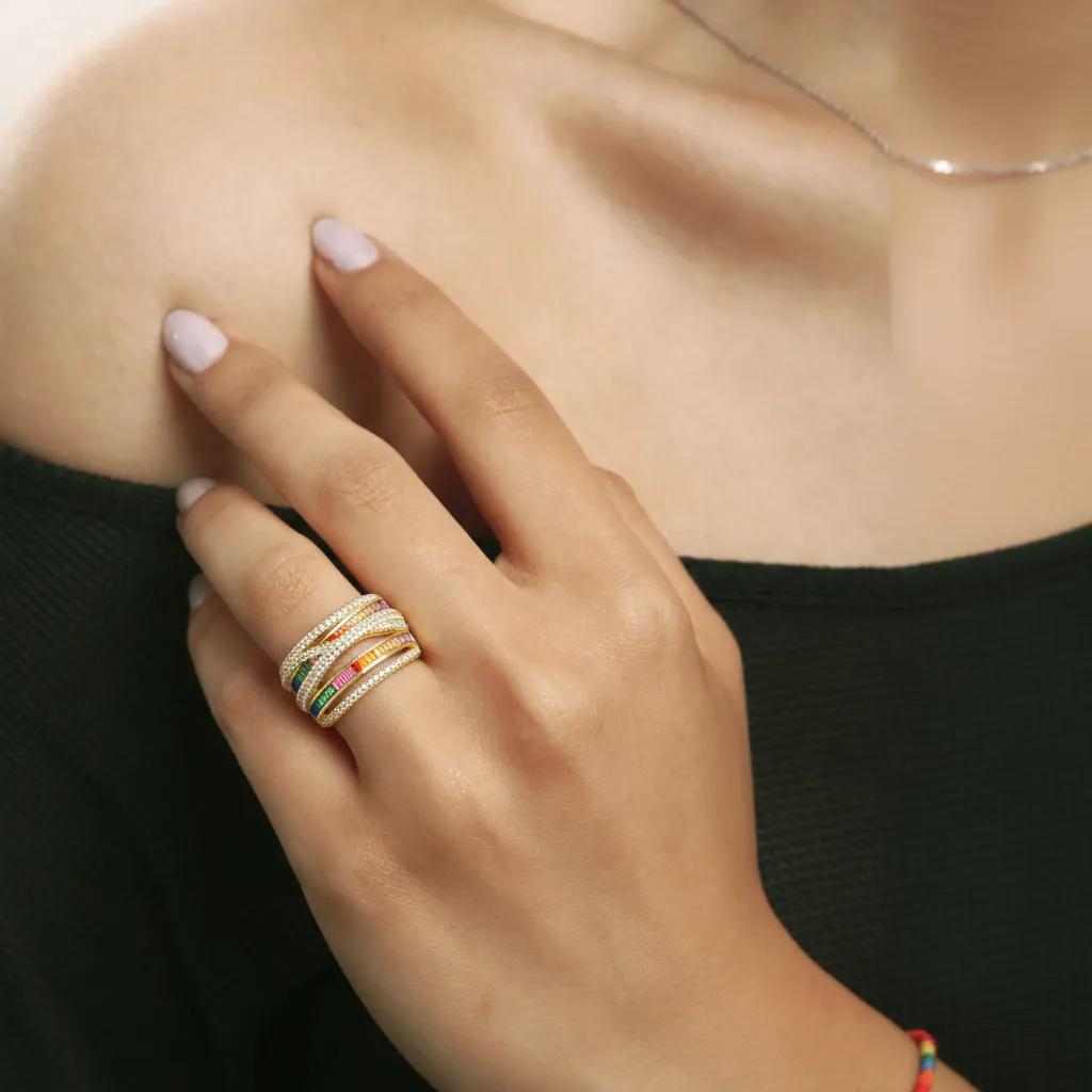 Amara Jewels gold-plated 925 sterling silver ring with multicolor cubic zirconia stones and pave details. Layered design.