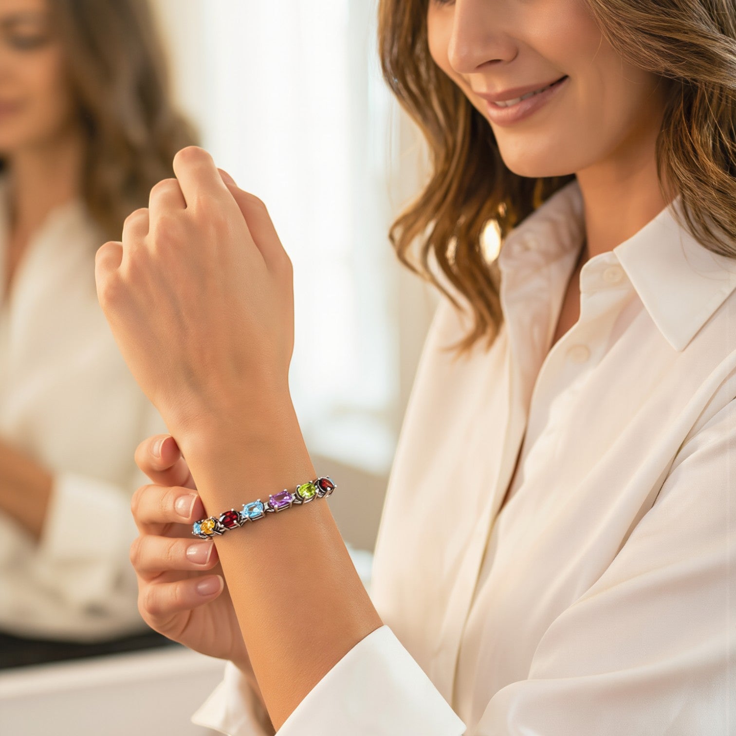 Amara Jewels multicolour oval gemstone tennis bracelet in 925 sterling silver, perfect for adding colour to any outfit.