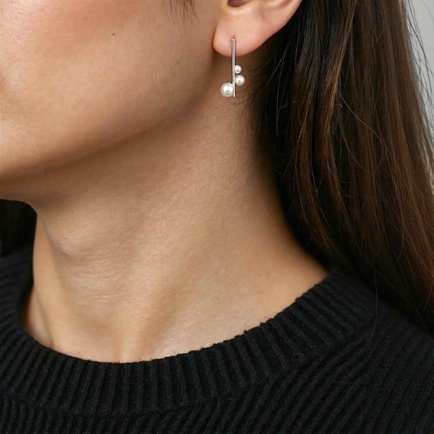 Amara Jewels modern geometric sterling silver earrings with three pearls each.