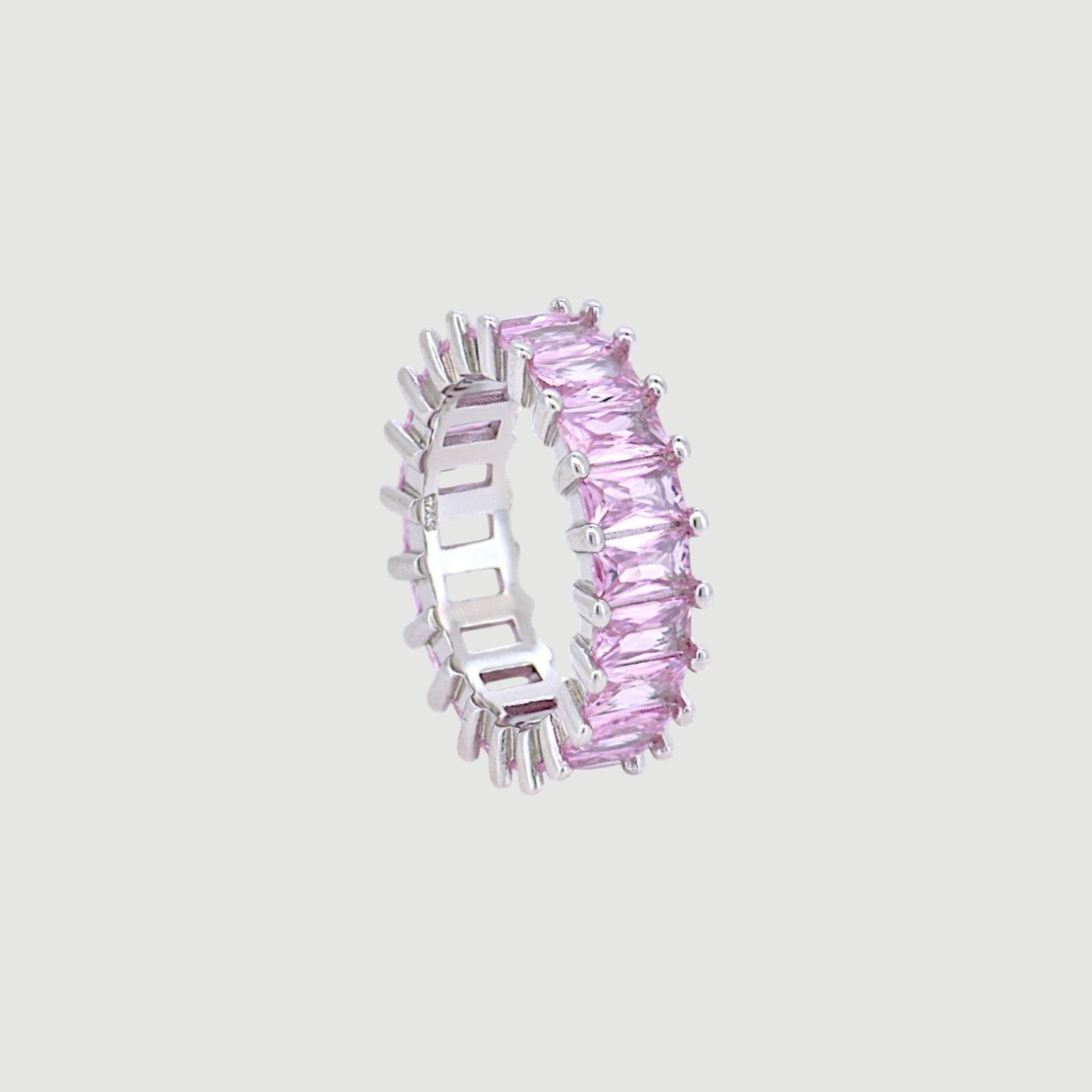 Amara Jewels pink baguette eternity ring in sterling silver with a polished finish.