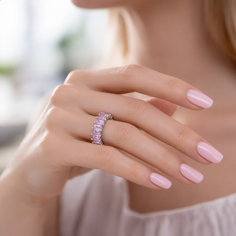 Amara Jewels pink baguette eternity ring in sterling silver with a polished 