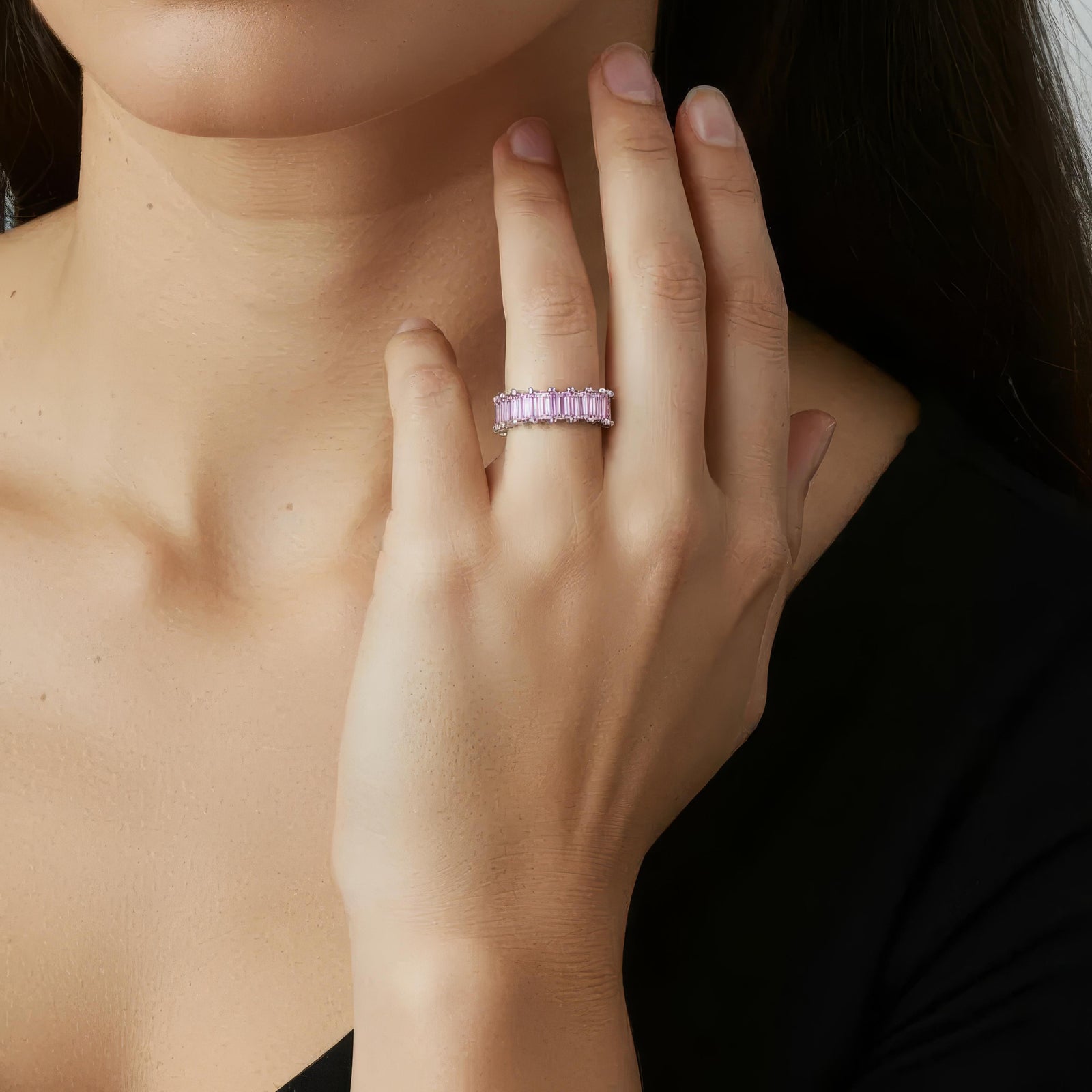 Amara Jewels pink baguette eternity ring in sterling silver with a polished 