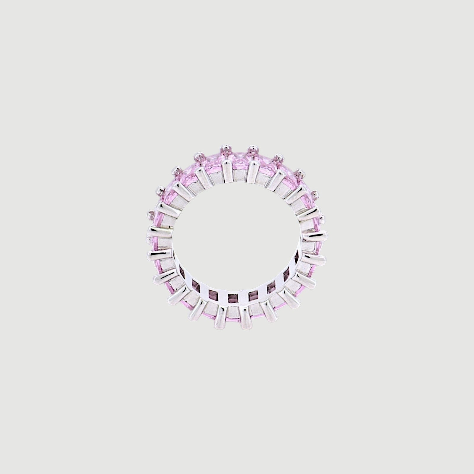 Amara Jewels pink baguette eternity ring in sterling silver with a polished finish.