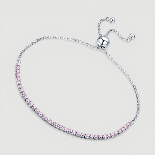 Amara Jewels sterling silver adjustable tennis bracelet with pink gemstones and slider clasp.