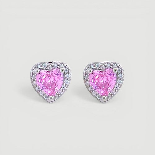 Amara Jewels pink heart-shaped cubic zirconia stud earrings with a halo of clear cubic zirconia accents, crafted from sterling silver.