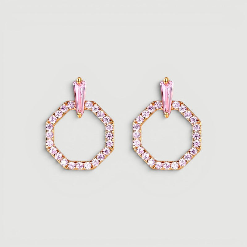 Amara Jewels rose gold-plated sterling silver octagon drop earrings with pink gemstones and cubic zirconia.