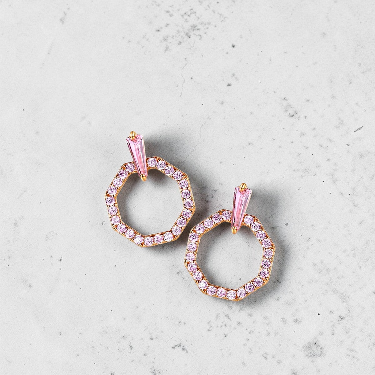 Amara Jewels rose gold-plated sterling silver octagon drop earrings with pink gemstones and cubic zirconia.