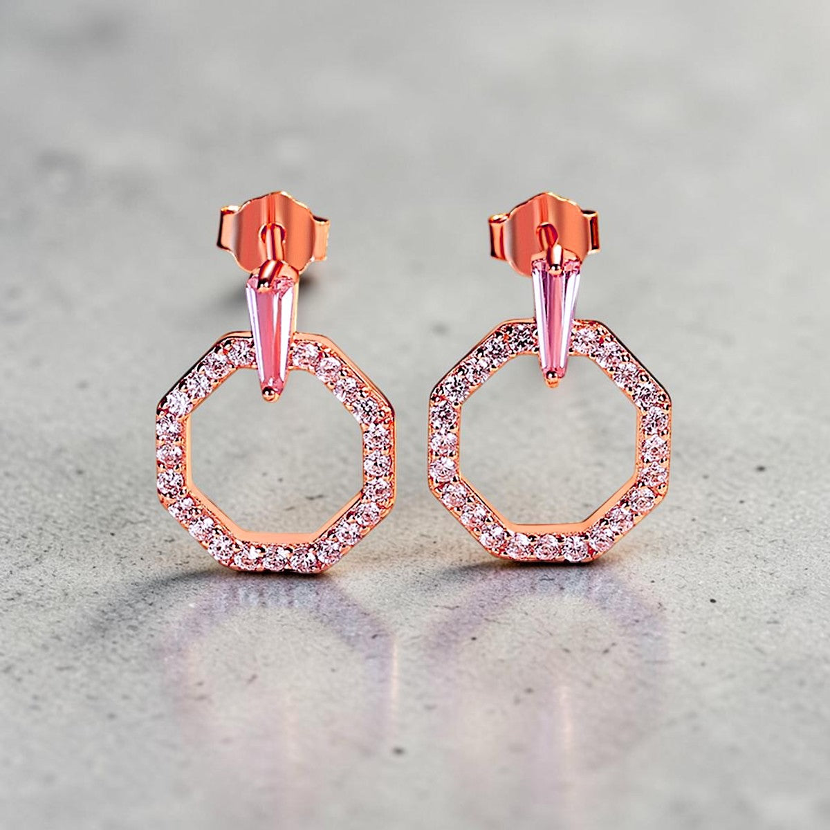 Amara Jewels rose gold-plated sterling silver octagon drop earrings with pink gemstones and cubic zirconia.