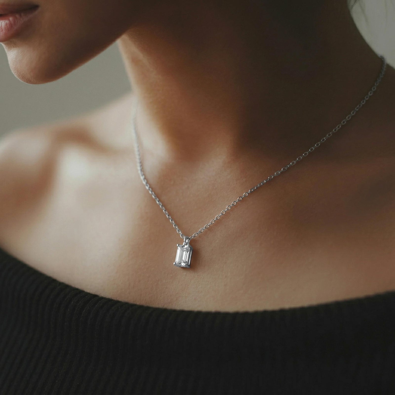 Amara Jewels rectangular clear crystal pendant necklace with rhodium-plated sterling silver chain.