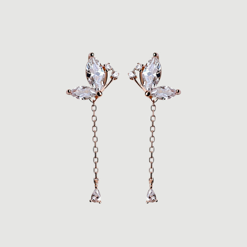 Amara Jewels rose gold plated sterling silver butterfly drop earrings with marquise and teardrop cubic zirconia stones.