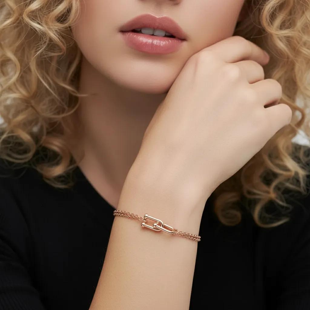 Amara Jewels rose gold plated sterling silver double chain link bracelet with adjustable clasp.