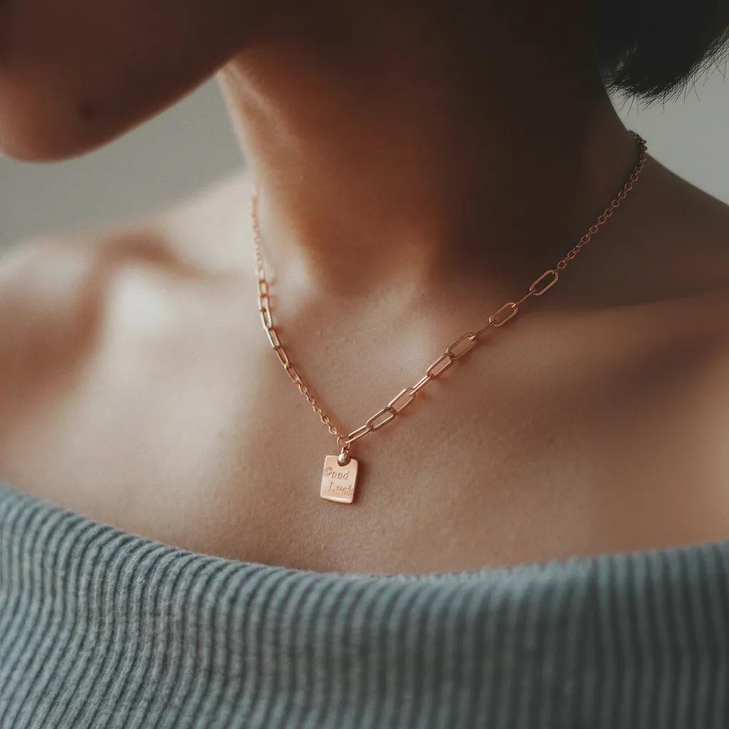 Amara Jewels rose gold plated sterling silver necklace with a square pendant engraved with "Good Luck".