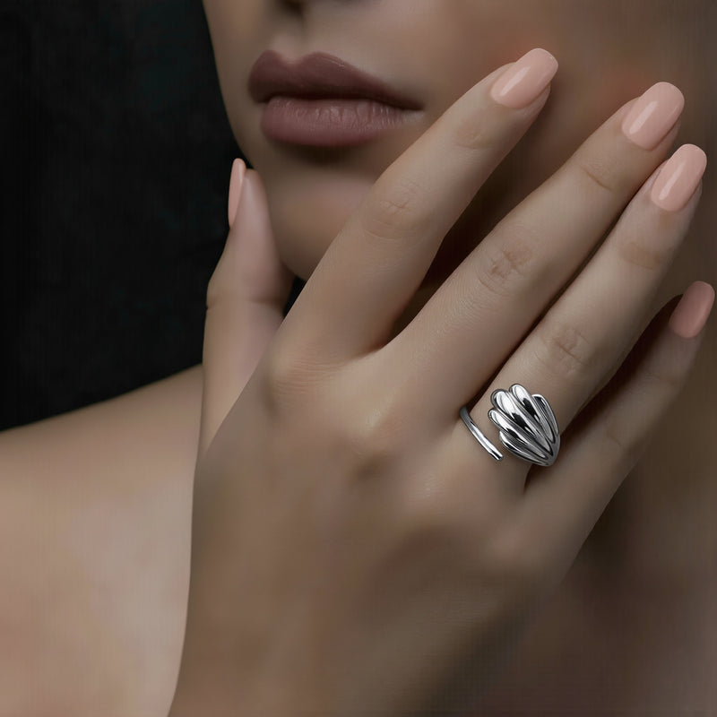Amara Jewels 925 sterling silver shell open wrap ring with 18K yellow gold plating, adjustable fit, wing motif.