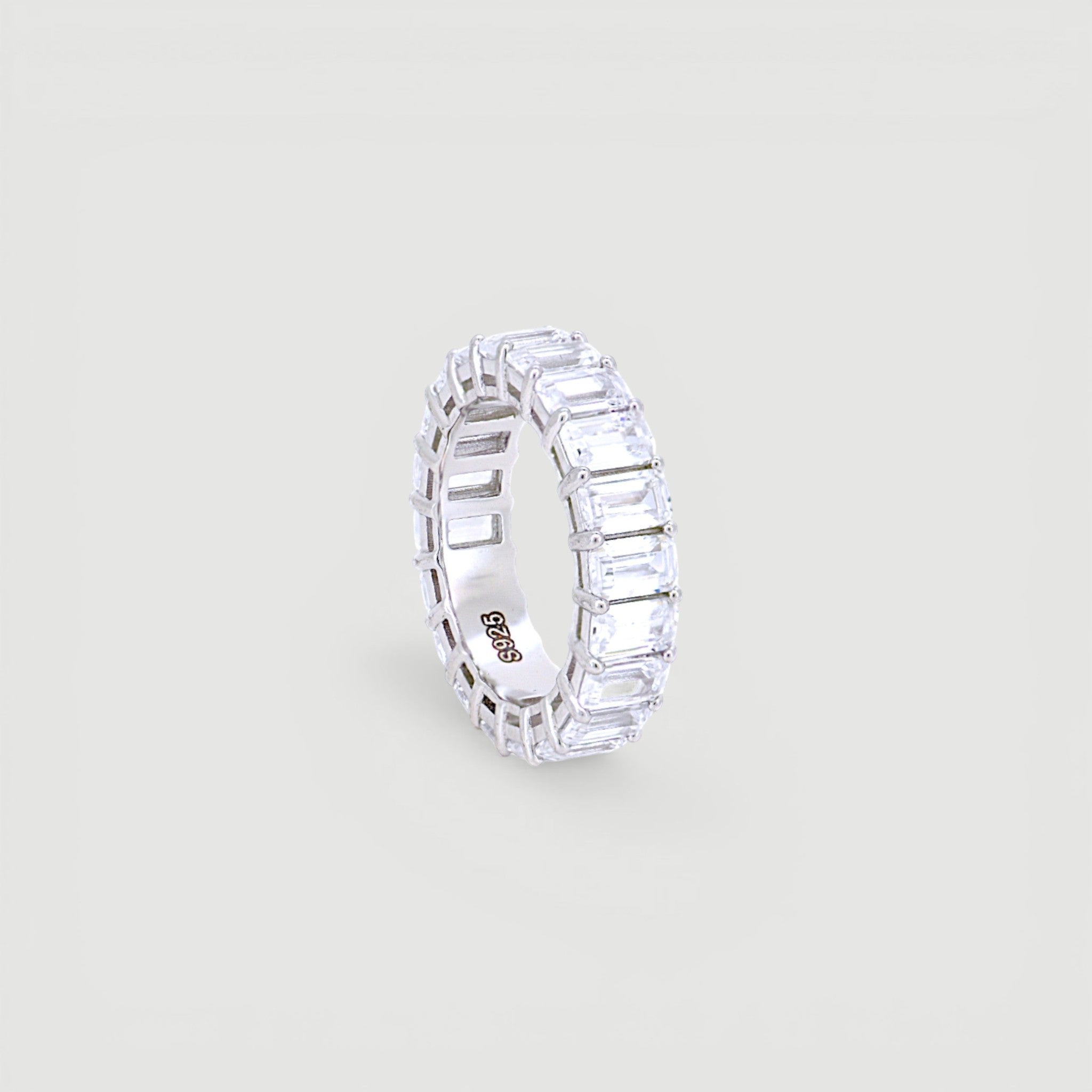 Amara Jewels sterling silver baguette eternity ring with clear stones, sleek band.