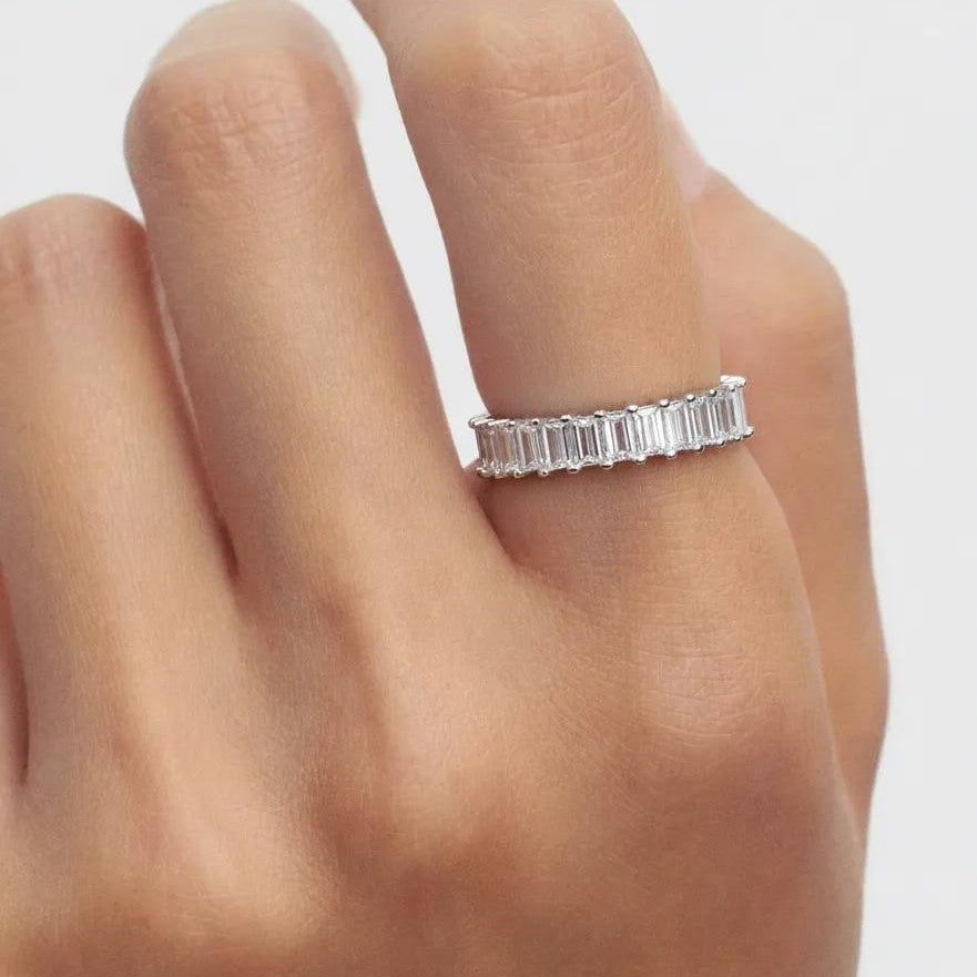 Amara Jewels sterling silver baguette eternity ring with clear stones, sleek band.