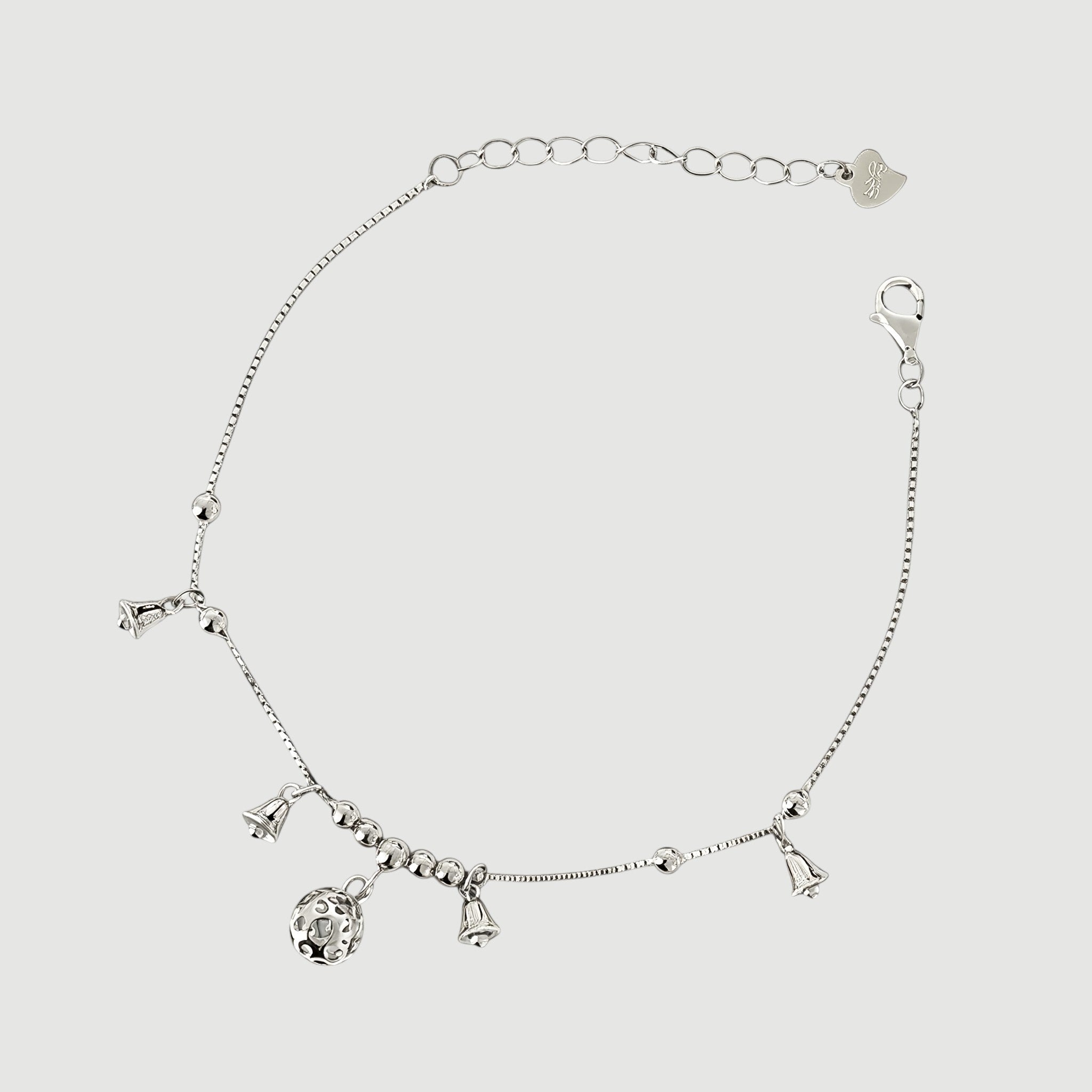 Amara Jewels Sterling Silver bracelet with bell-shaped charms and a hollow oval charm.
