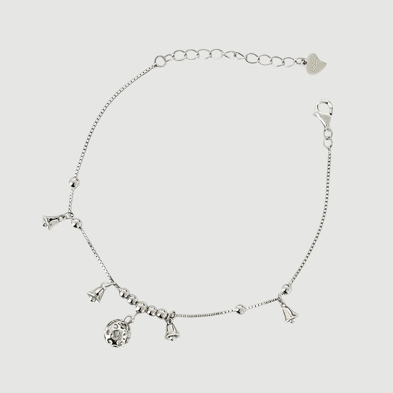 Amara Jewels Sterling Silver bracelet with bell-shaped charms and a hollow oval charm.