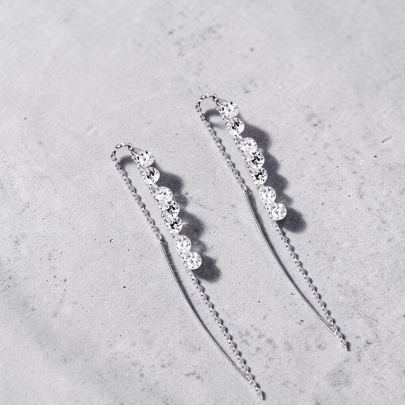 Amara Jewels 925 sterling silver threader drop earrings with cascading crystals and elongated chain.