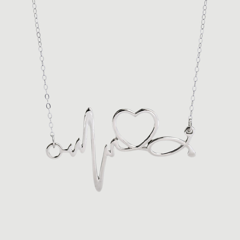 Amara Jewels silver heartbeat necklace with a heart symbol, made of sterling silver.