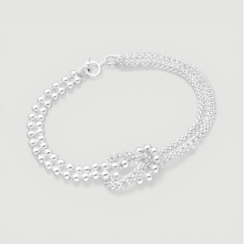 Amara Jewels sterling silver bracelet with multi-strand design and knot centerpiece, featuring polished silver beads.