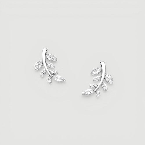 Amara Jewels rhodium-plated sterling silver leaf stud earrings with cubic zirconia accents.