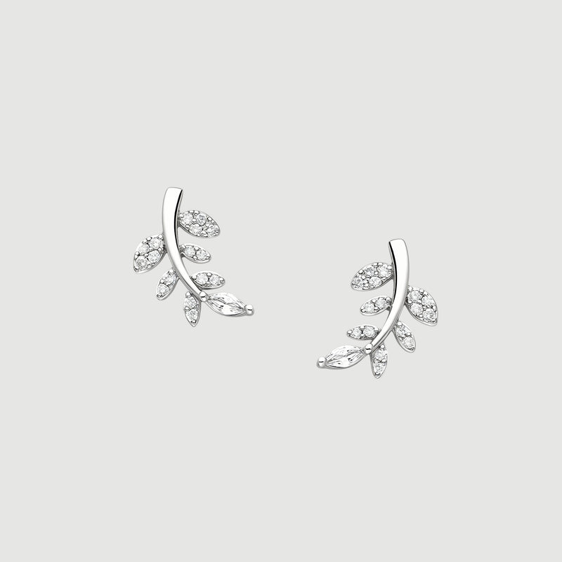 Amara Jewels rhodium-plated sterling silver leaf stud earrings with clear cubic zirconia.