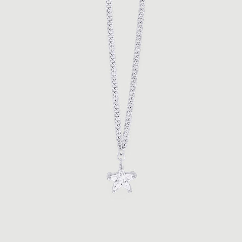 Amara Jewels silver 925 sterling silver necklace with a small, clear star pendant and a curb chain.