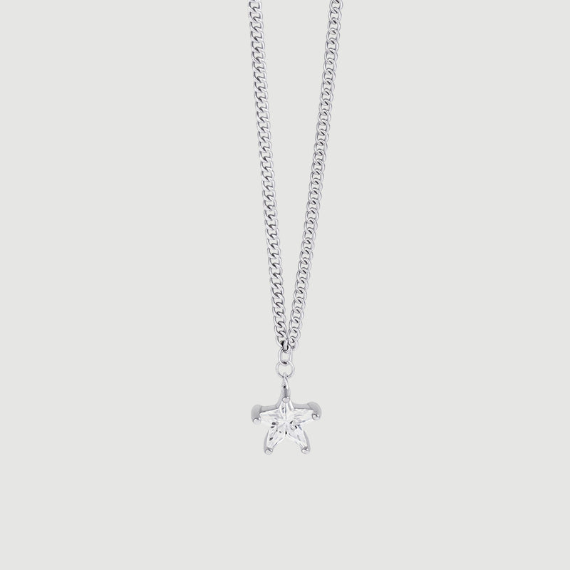Amara Jewels silver 925 sterling silver necklace with a small, clear star pendant and a curb chain.