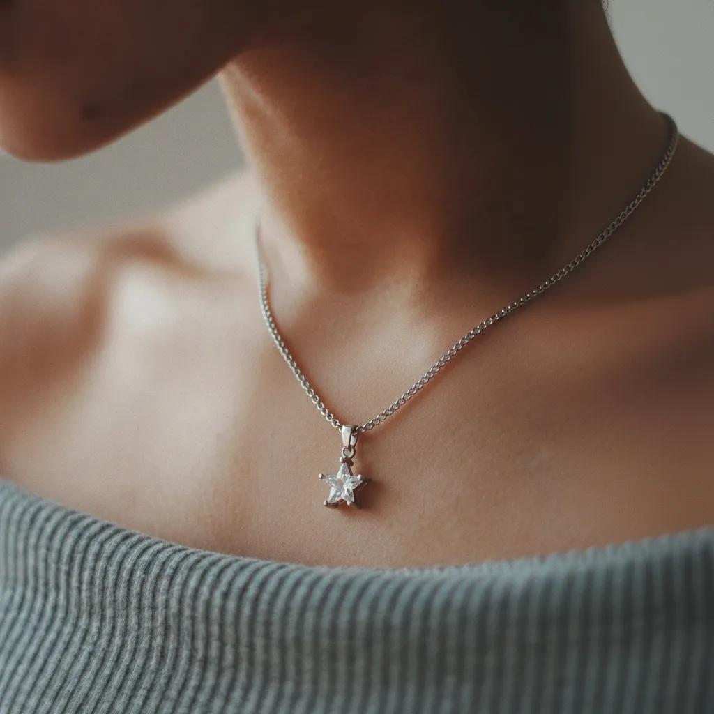 Amara Jewels silver 925 sterling silver necklace with a small, clear star pendant and a curb chain.