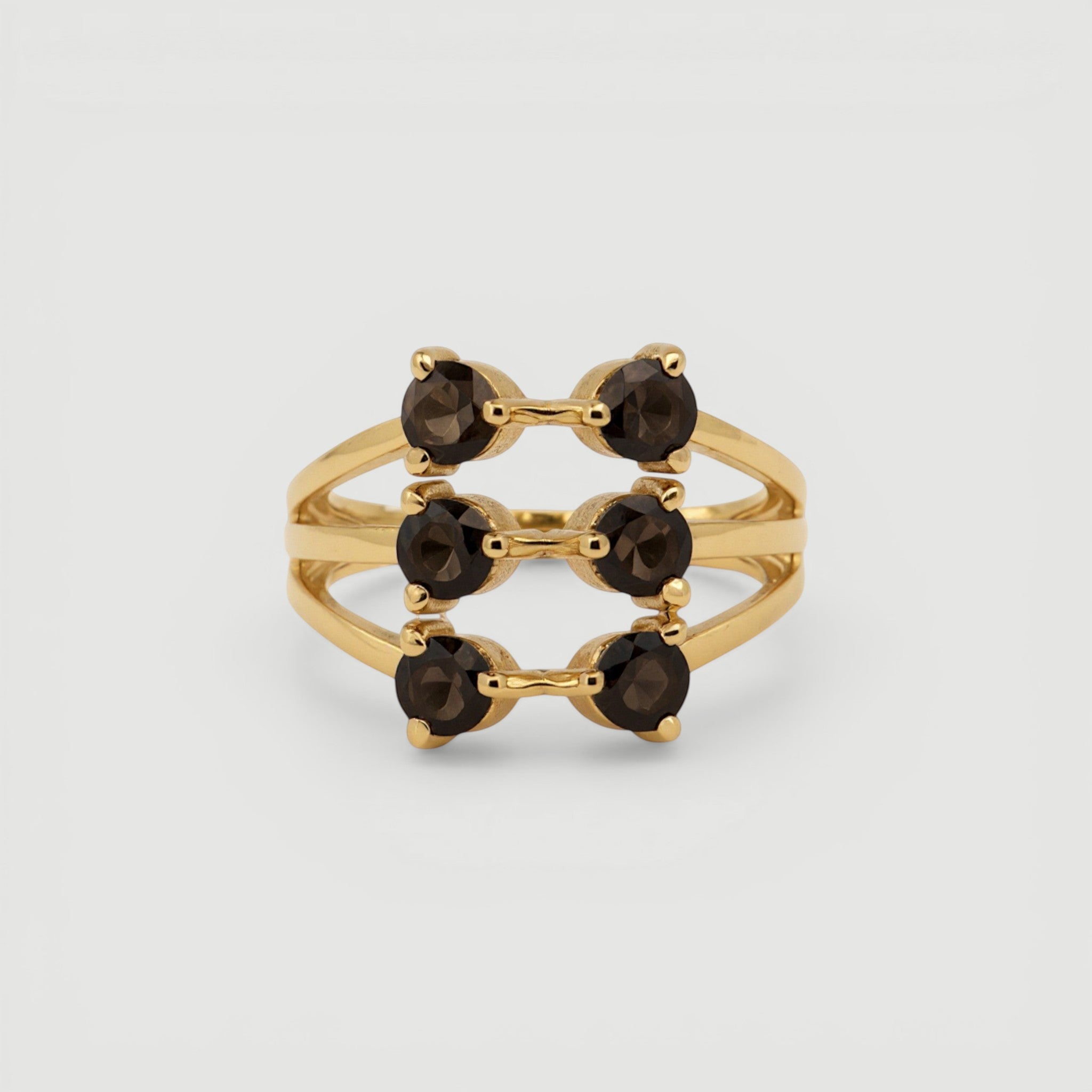 Amara Jewels triple band ring with six bezel-set smoky topaz gemstones in 18K gold vermeil over sterling silver.