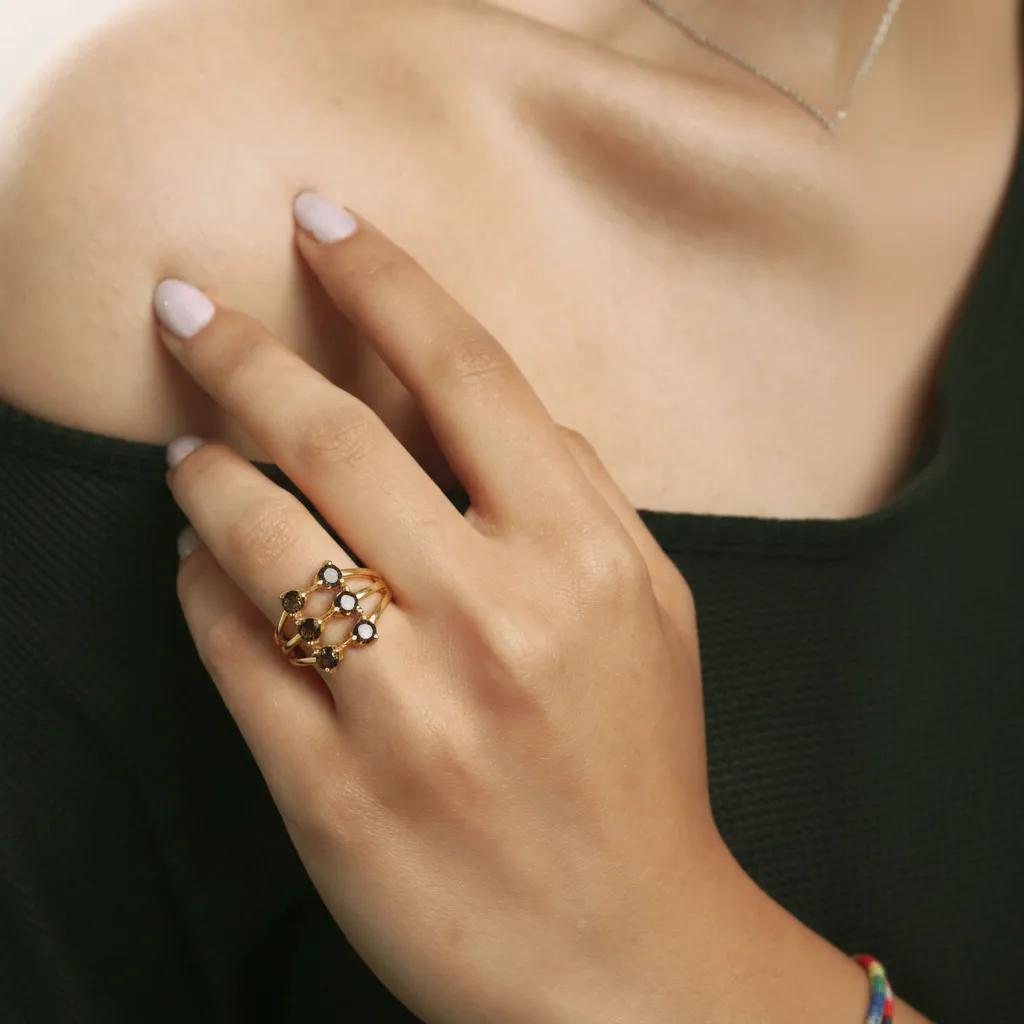 Amara Jewels triple band ring with six bezel-set smoky topaz gemstones in 18K gold vermeil over sterling silver.