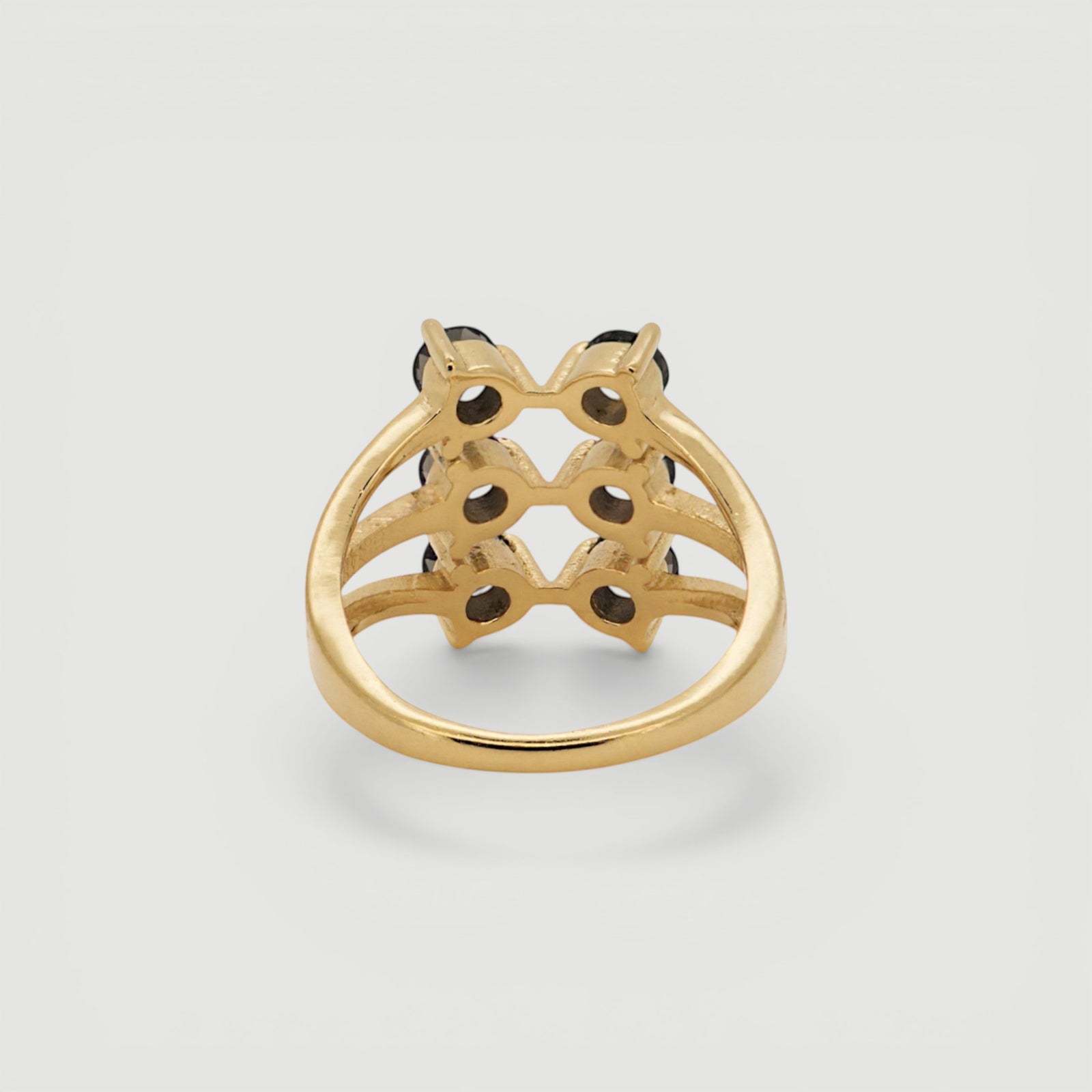 Amara Jewels triple band ring with six bezel-set smoky topaz gemstones in 18K gold vermeil over sterling silver.