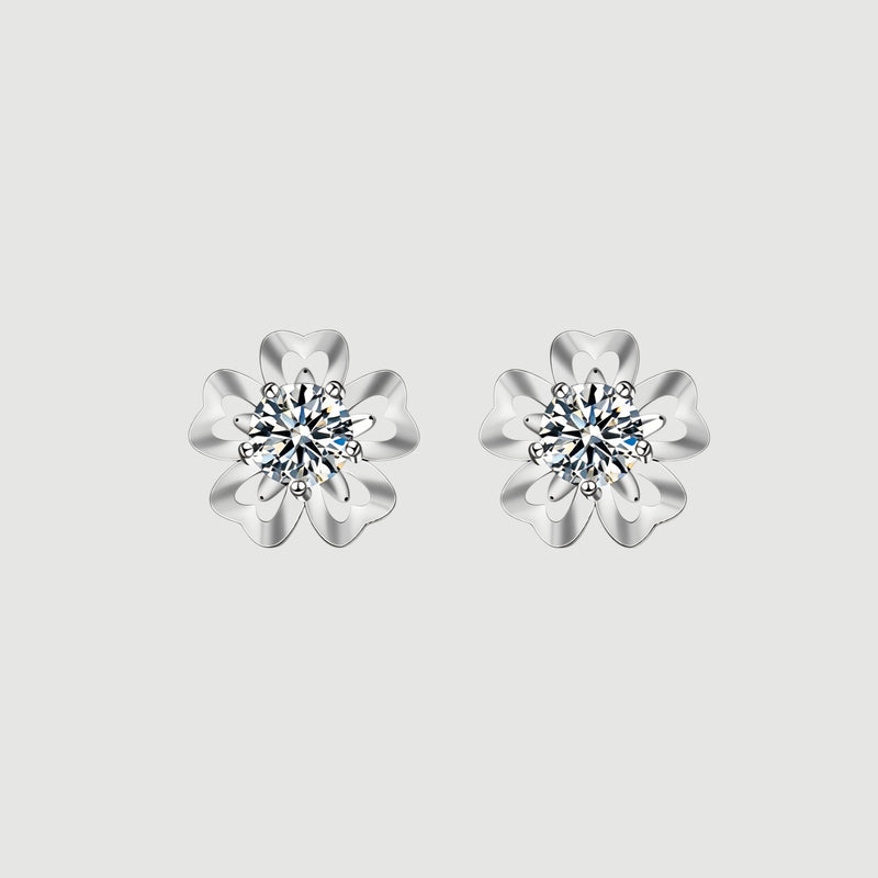 Amara Jewels sterling silver flower petal stud earrings with a central round stone, symbolizing love and elegance.
