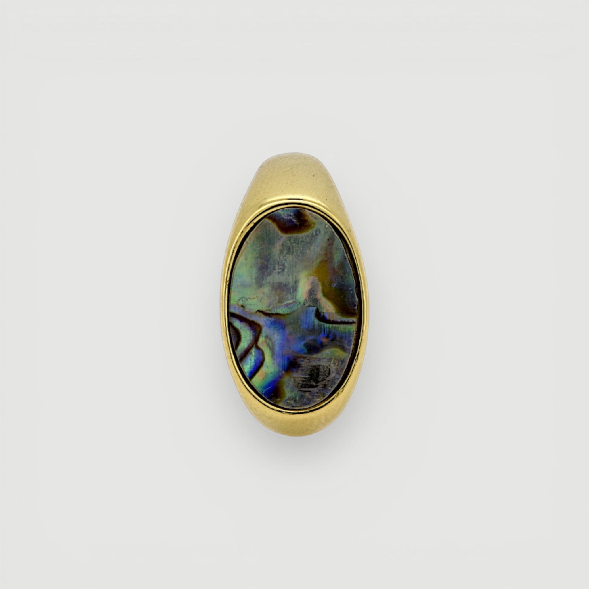 Amara Jewels gold-tone open ring with oval abalone shell inlay featuring iridescent blues, greens, and purples.