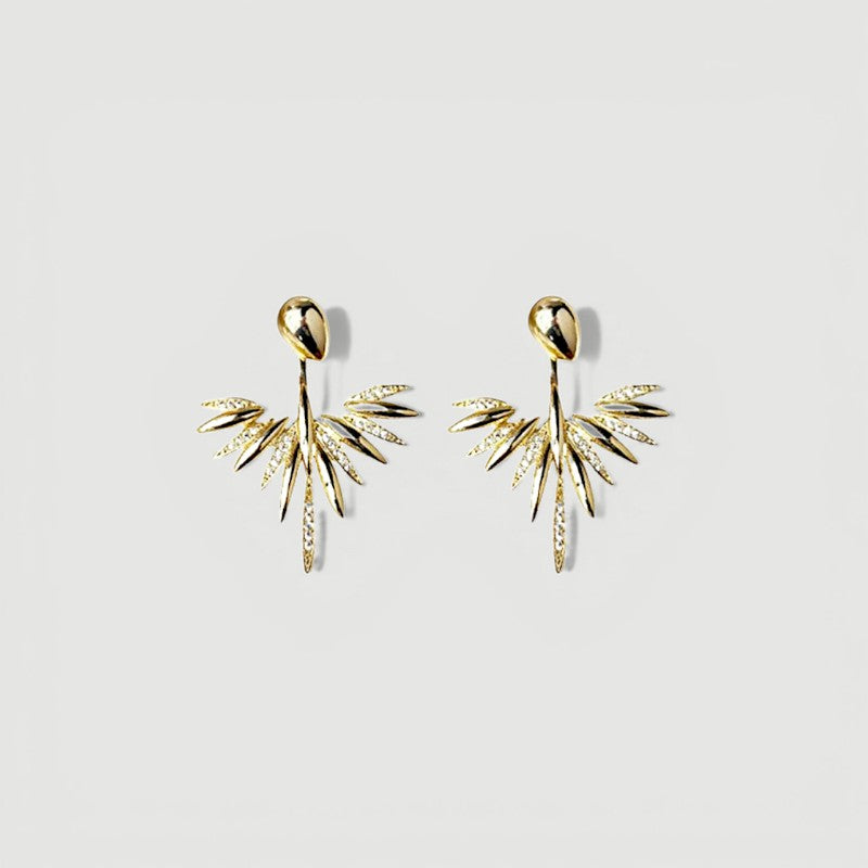 Amara Jewels 18K gold plated sterling silver leaf dangle earrings with sparkling cubic zirconia accents.