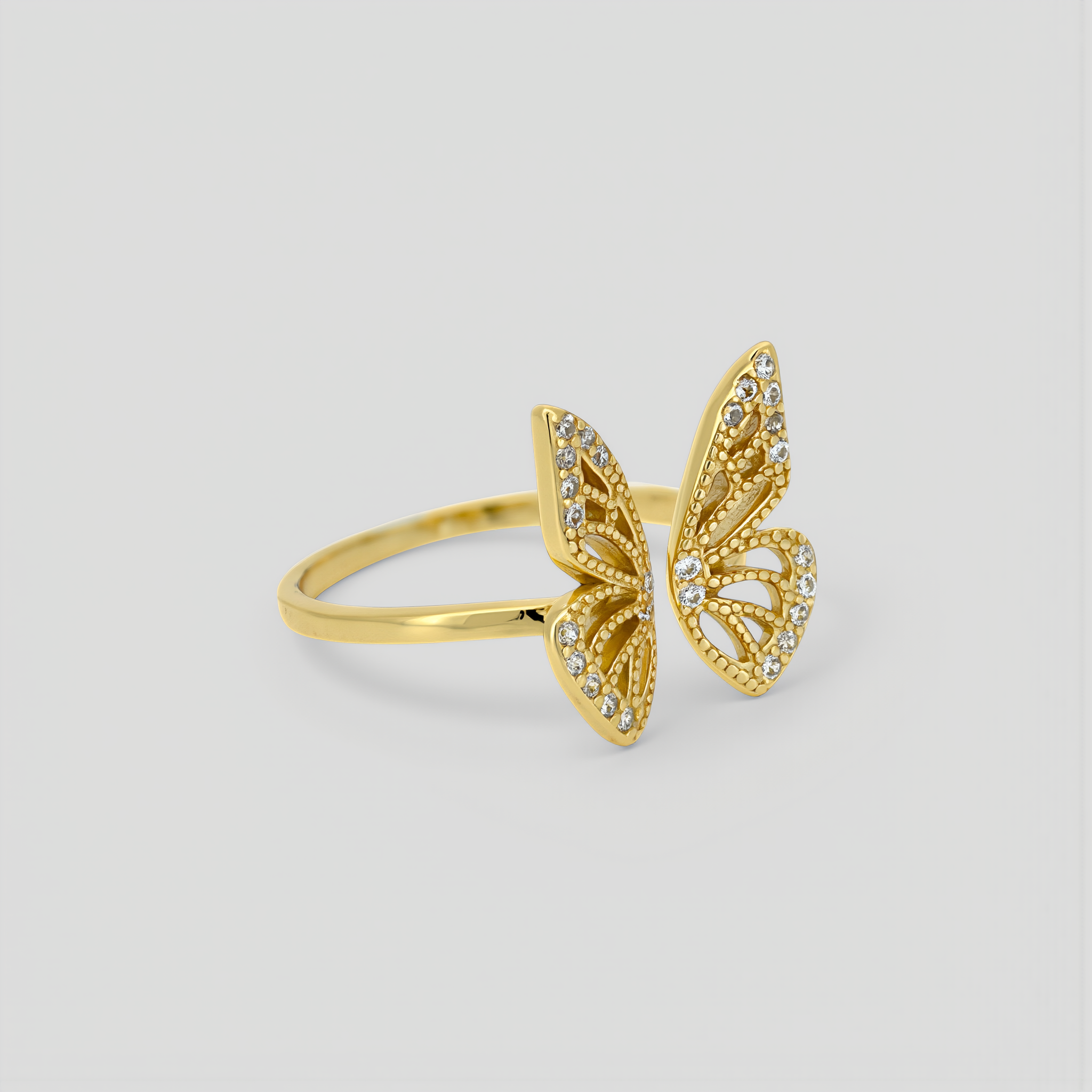 Amara Jewels gold-plated 925 sterling silver open ring with intricate butterfly design and shimmering accents.